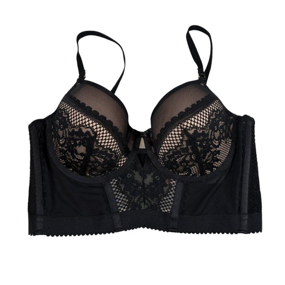 Hunkemoller Black & Cream Longline Underwire Lace Bra Women's US Size 34D